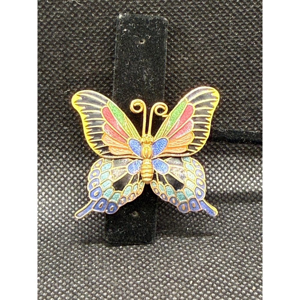 Vintage Cloisonne Butterfly Brooch Gold Tone Multicolor Enamel Pin